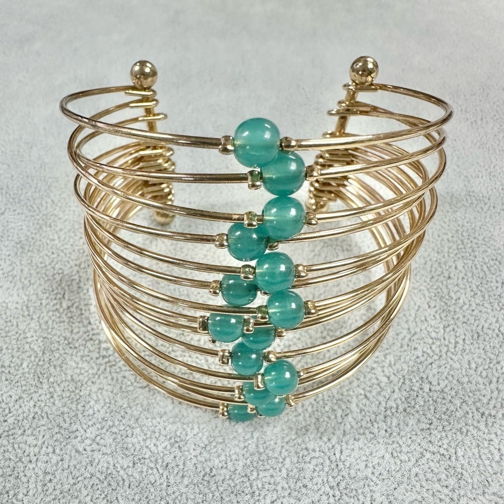 Multi Gold Tone Wire With Green Beaded Adjustable Cuff Bracelet